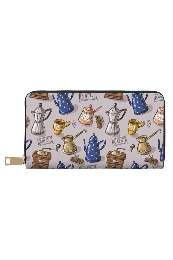Leather Thin Slim Wallets for Women Men - Vintage Teapot Coffee Grinder Clutch Card Wallet for Women Men with Zipper
