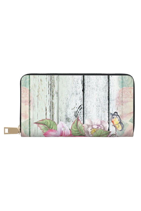 Leather Thin Slim Wallets for Women Men - Vintage Wood with Floral Clutch Card Wallet for Women Men with Zipper