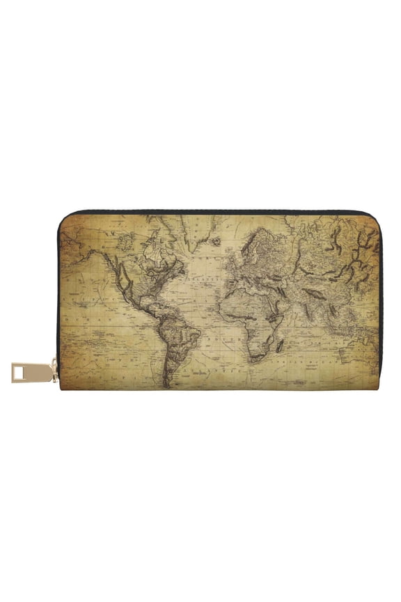 Leather Thin Slim Wallets for Women Men - Vintage World Map Clutch Card Wallet for Women Men with Zipper