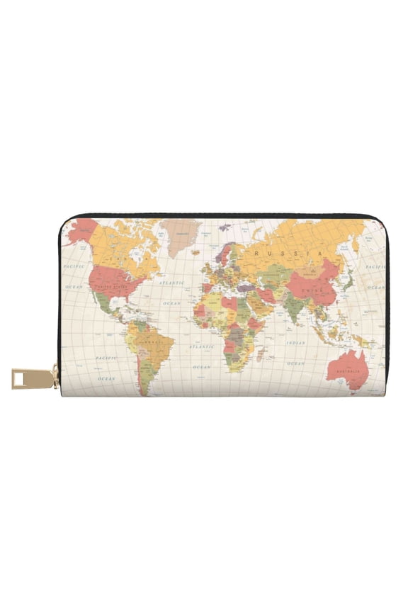 Leather Thin Slim Wallets for Women Men - Vintage World Map1 Clutch Card Wallet for Women Men with Zipper