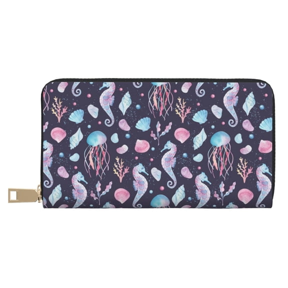 Leather Thin Slim Wallets for Women Men - Watercolor Marine Animals Clutch Card Wallet for Women Men with Zipper
