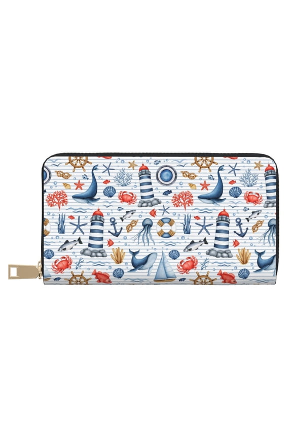 Leather Thin Slim Wallets for Women Men - Watercolor Nautical Clutch Card Wallet for Women Men with Zipper