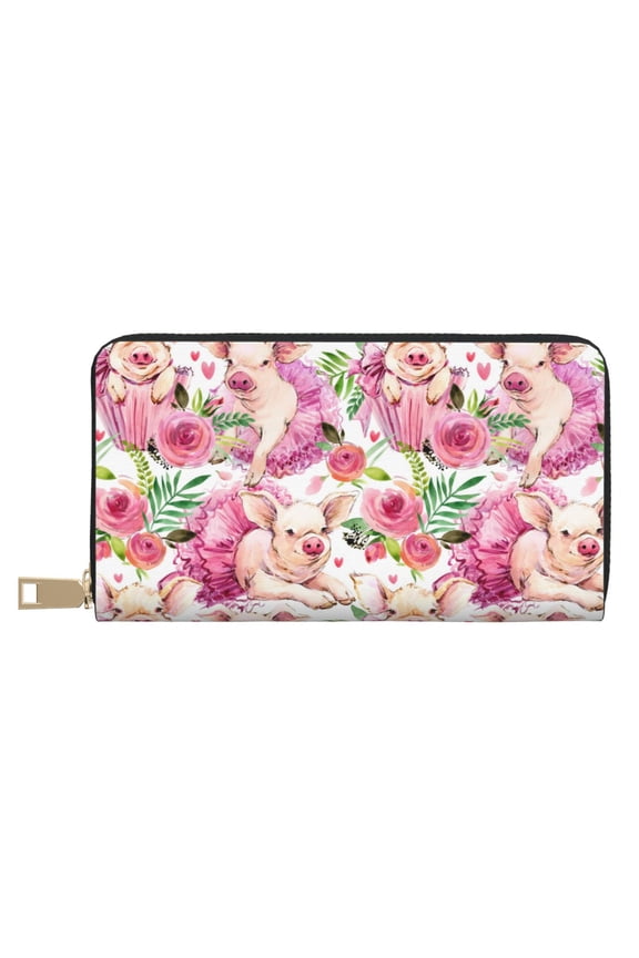 Leather Thin Slim Wallets for Women Men - Watercolor Pig Clutch Card Wallet for Women Men with Zipper