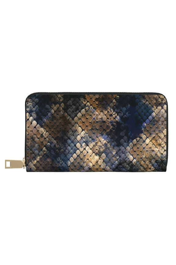 Leather Thin Slim Wallets for Women Men - Watercolor Snake Skin Clutch Card Wallet for Women Men with Zipper