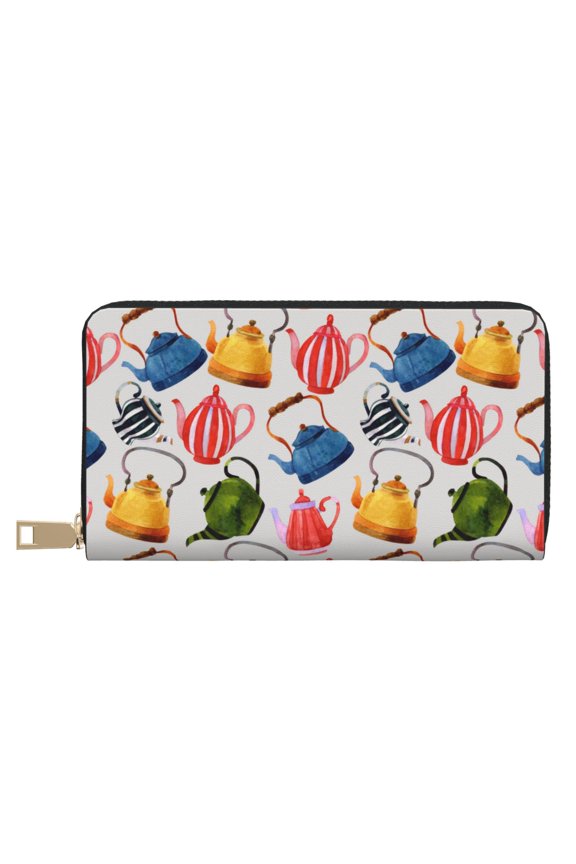 Leather Thin Slim Wallets for Women Men - Watercolor Teapots Clutch Card Wallet for Women Men with Zipper