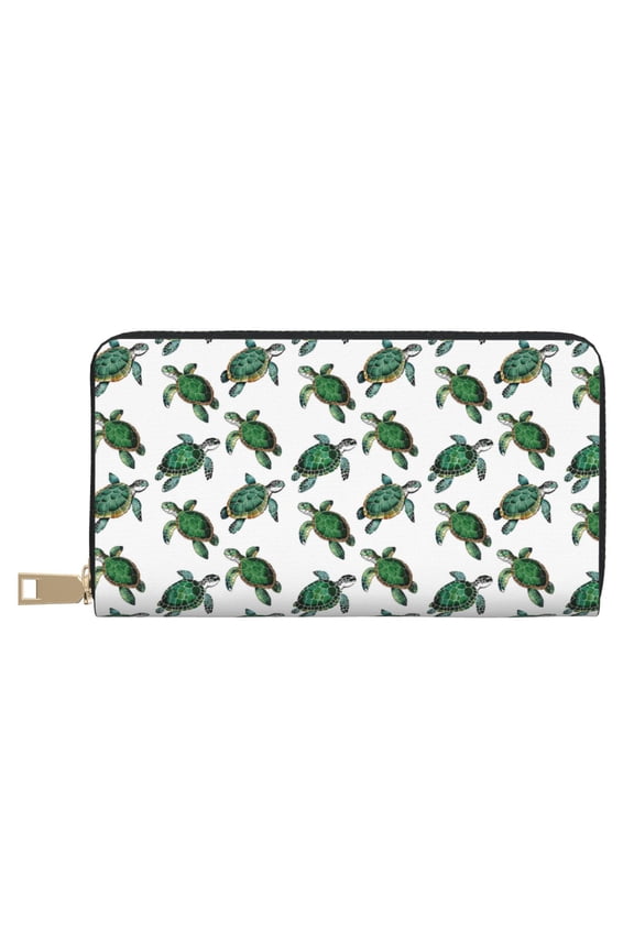 Leather Thin Slim Wallets for Women Men - Watercolor Turtle Clutch Card Wallet for Women Men with Zipper