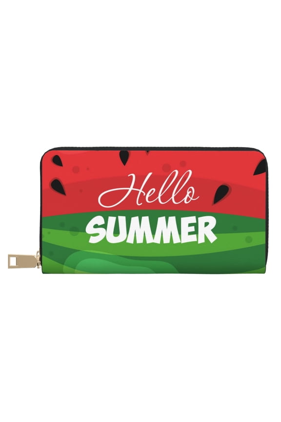 Leather Thin Slim Wallets for Women Men - Watermelon Hello Summer Clutch Card Wallet for Women Men with Zipper
