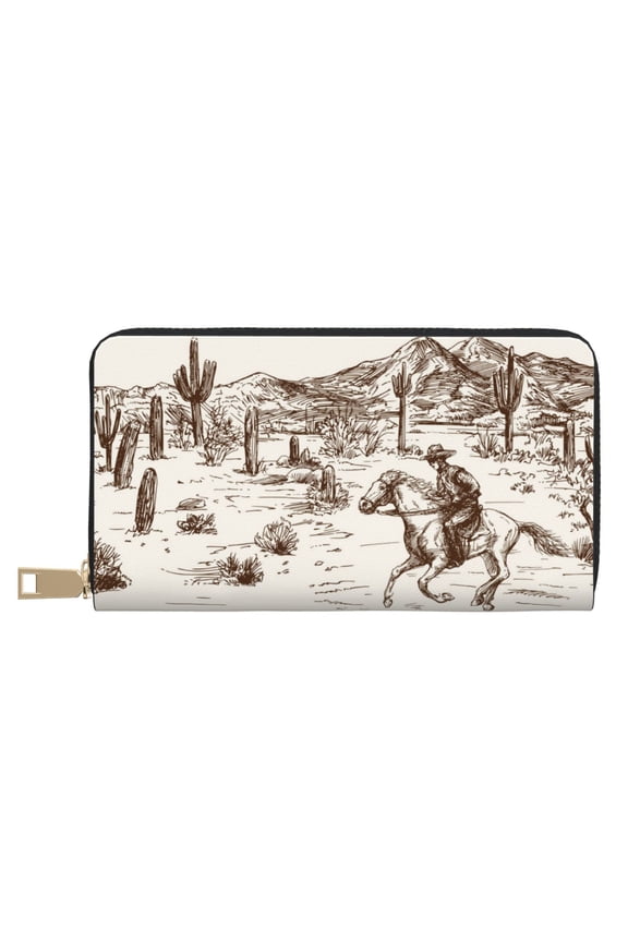 Leather Thin Slim Wallets for Women Men - Western Desert Cowboys3 Clutch Card Wallet for Women Men with Zipper