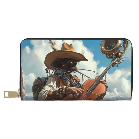 Leather Thin Slim Wallets for Women Men - Western Guitar Cowboy Clutch Card Wallet for Women Men with Zipper