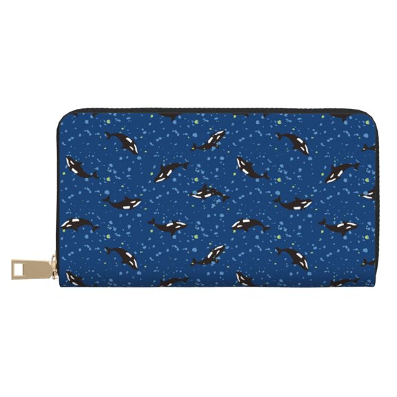 Leather Thin Slim Wallets for Women Men - Whales Swim Clutch Card Wallet for Women Men with Zipper