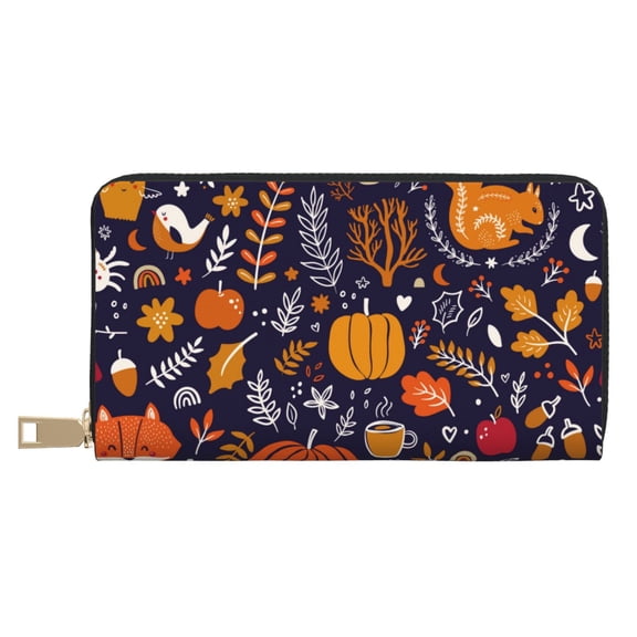 Leather Thin Slim Wallets for Women Men - Whimsical Autumn Forest Clutch Card Wallet for Women Men with Zipper