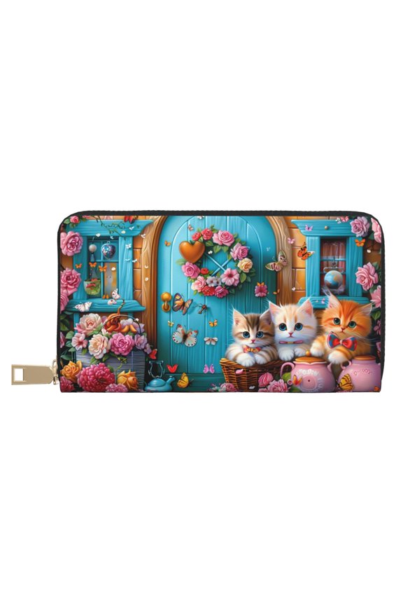 Leather Thin Slim Wallets for Women Men - Whimsical Cats and Flowers Scene Clutch Card Wallet for Women Men with Zipper