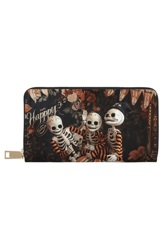 Leather Thin Slim Wallets for Women Men - Whimsical Halloween Skeletons Clutch Card Wallet for Women Men with Zipper