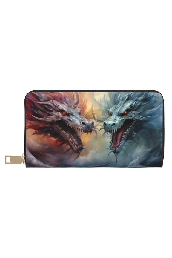 Leather Thin Slim Wallets for Women Men - White and Red Storm Dragon Clutch Card Wallet for Women Men with Zipper
