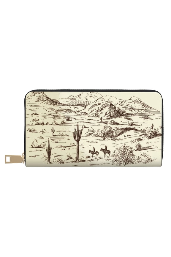 Leather Thin Slim Wallets for Women Men - Wild West Desert With Cowboys Clutch Card Wallet for Women Men with Zipper