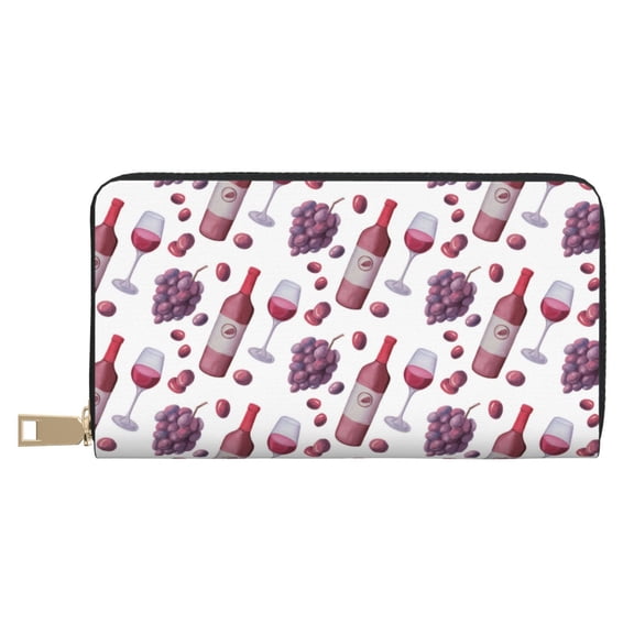 Leather Thin Slim Wallets for Women Men - Wine Print No.J922 Clutch Card Wallet for Women Men with Zipper