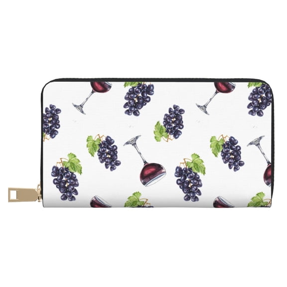Leather Thin Slim Wallets for Women Men - Wine Print No.J93 Clutch Card Wallet for Women Men with Zipper