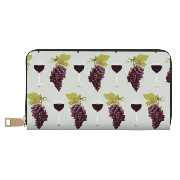 Leather Thin Slim Wallets for Women Men - Wine glass Grape A Clutch Card Wallet for Women Men with Zipper