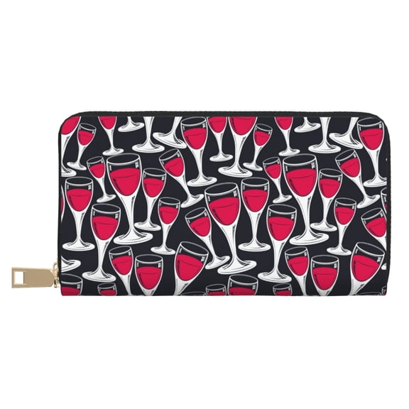 Leather Thin Slim Wallets for Women Men - Wine glass Print No.908 Clutch Card Wallet for Women Men with Zipper