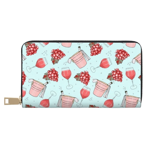 Leather Thin Slim Wallets for Women Men - Wine glass grape Print Clutch Card Wallet for Women Men with Zipper