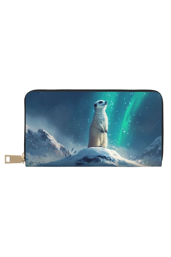 Leather Thin Slim Wallets for Women Men - Winter Aurora Meerkat Clutch Card Wallet for Women Men with Zipper