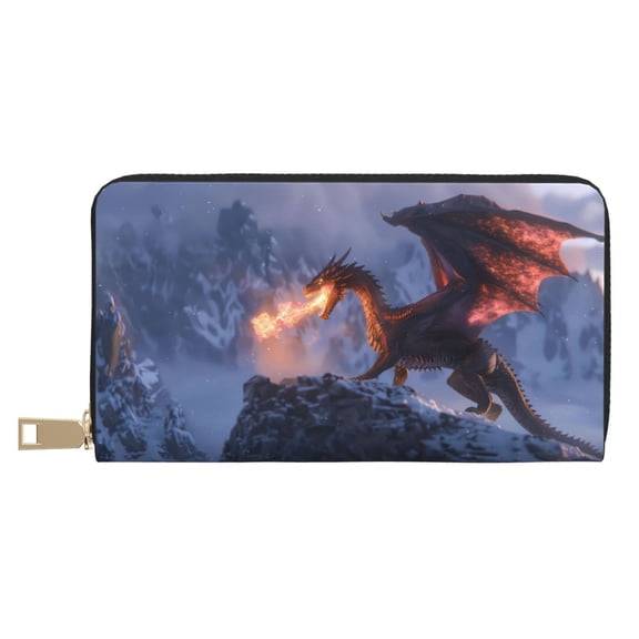 Leather Thin Slim Wallets for Women Men - Winter Fire Dragon Clutch Card Wallet for Women Men with Zipper