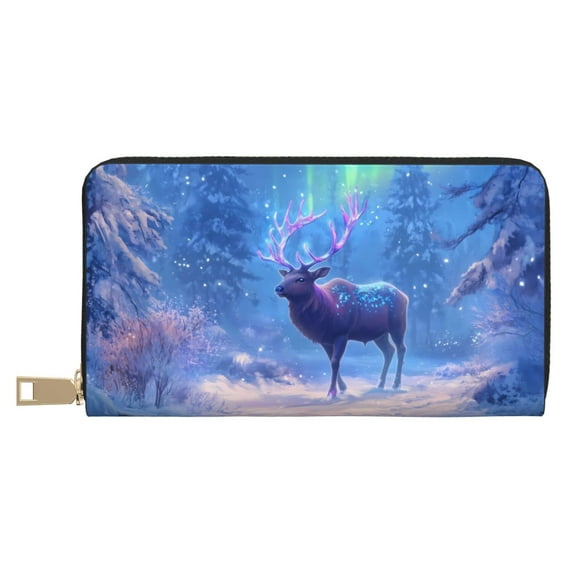 Leather Thin Slim Wallets for Women Men - Winter Forest Snowy Deer Clutch Card Wallet for Women Men with Zipper