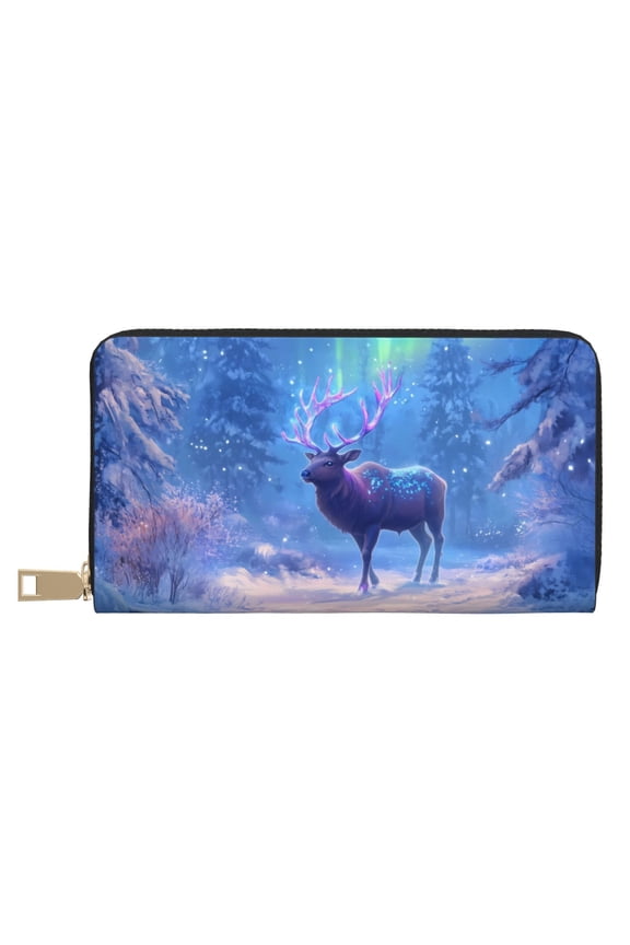 Leather Thin Slim Wallets for Women Men - Winter Forest Snowy Deer Clutch Card Wallet for Women Men with Zipper