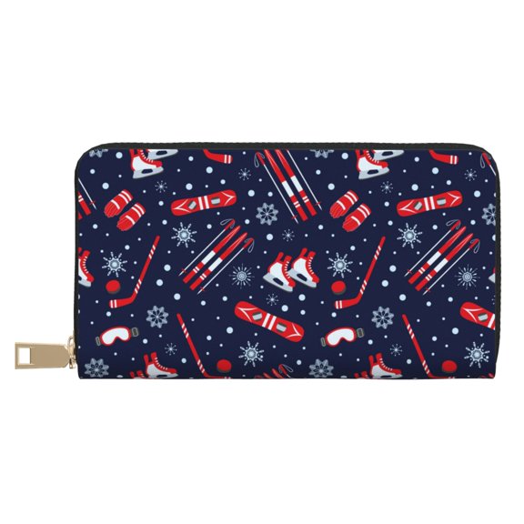 Leather Thin Slim Wallets for Women Men - Winter Skiing Snowflakes Clutch Card Wallet for Women Men with Zipper