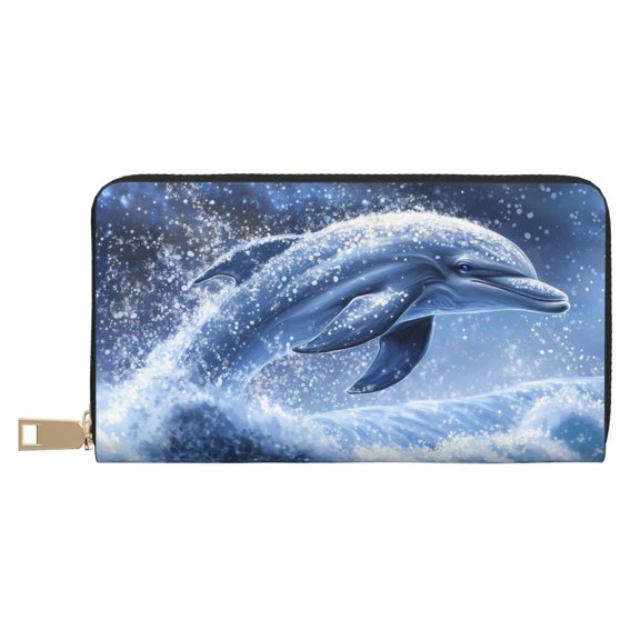 Leather Thin Slim Wallets for Women Men - Winter snowflake dolphin Clutch Card Wallet for Women Men with Zipper