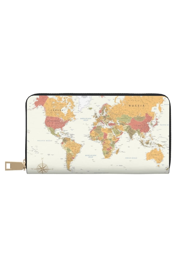 Leather Thin Slim Wallets for Women Men - World Map 1 Clutch Card Wallet for Women Men with Zipper