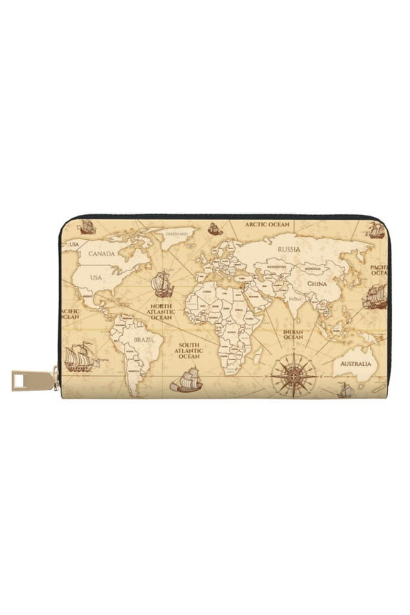 Leather Thin Slim Wallets for Women Men - World Map Clutch Card Wallet for Women Men with Zipper