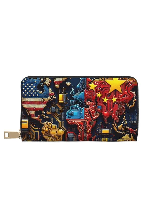 Leather Thin Slim Wallets for Women Men - World Map Of Digital Circuits Clutch Card Wallet for Women Men with Zipper