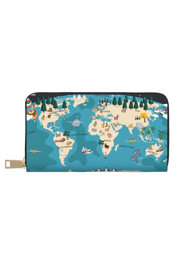 Leather Thin Slim Wallets for Women Men - World Map With Animal Clutch Card Wallet for Women Men with Zipper