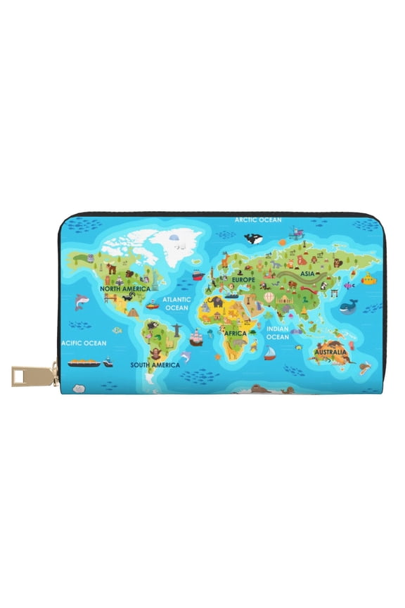 Leather Thin Slim Wallets for Women Men - World Map With Animals Landmarks Clutch Card Wallet for Women Men with Zipper