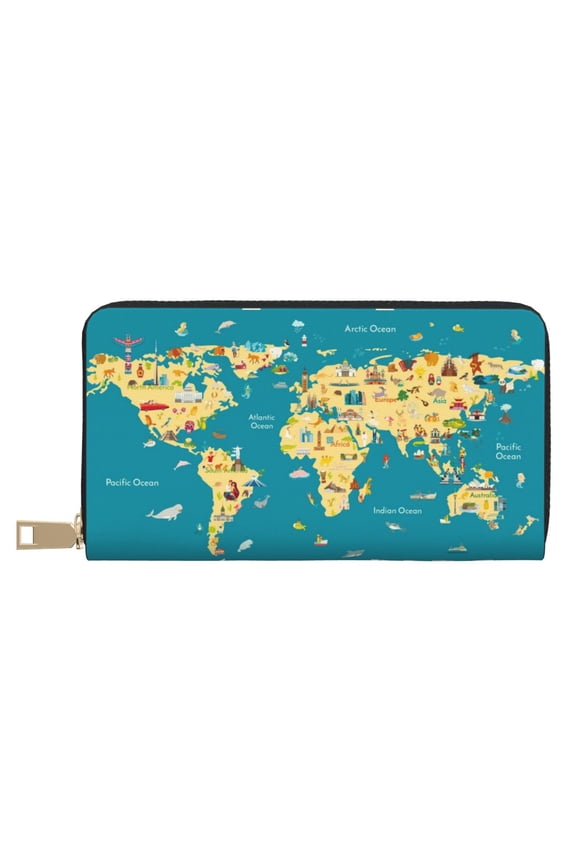 Leather Thin Slim Wallets for Women Men - World Map With Landmarks Clutch Card Wallet for Women Men with Zipper