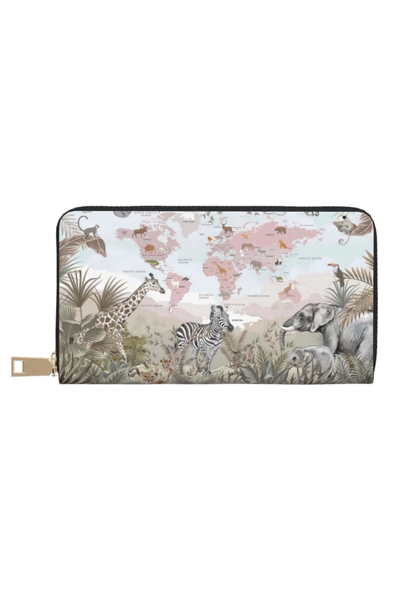 Leather Thin Slim Wallets for Women Men - World Map With Safari Animals Clutch Card Wallet for Women Men with Zipper