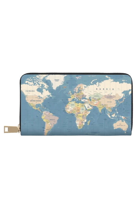 Leather Thin Slim Wallets for Women Men - World Map1 Clutch Card Wallet for Women Men with Zipper