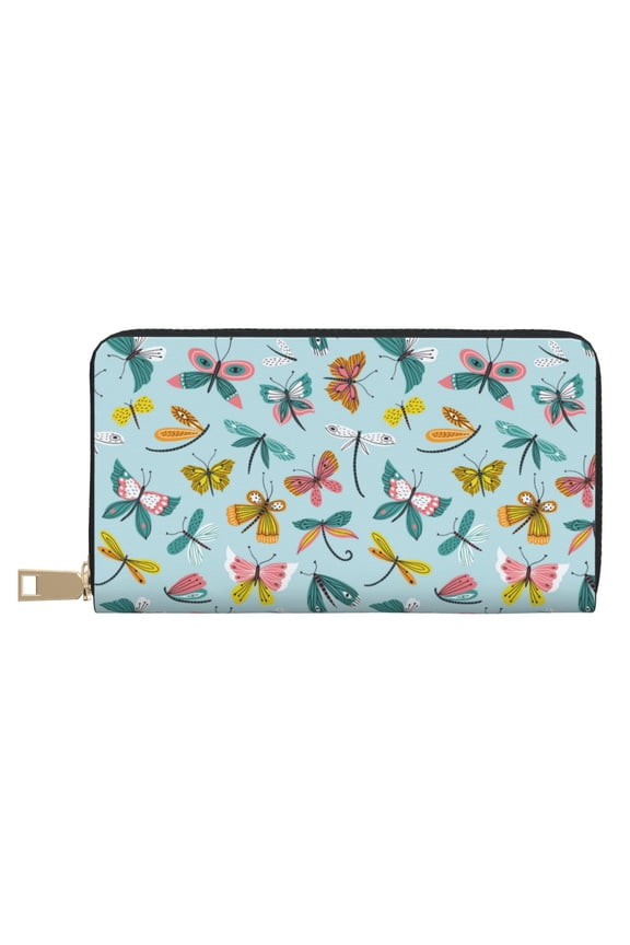 Leather Thin Slim Wallets for Women Men - Yellow Green Dragonfly Butterfly Clutch Card Wallet for Women Men with Zipper