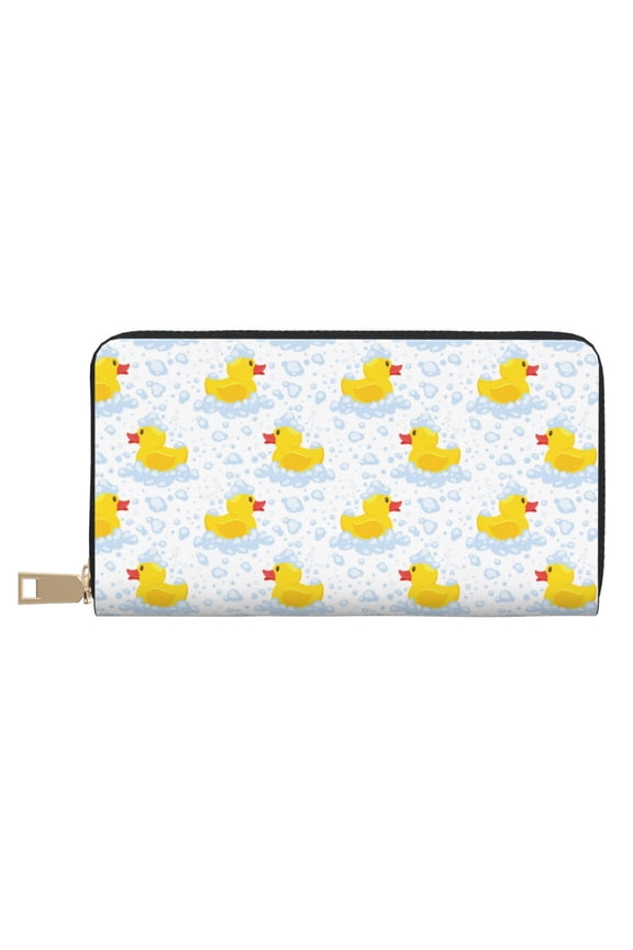 Leather Thin Slim Wallets for Women Men - Yellow Rubber Duck Clutch Card Wallet for Women Men with Zipper