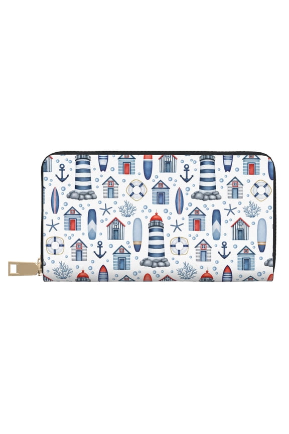 Leather Thin Slim Wallets for Women Men - anchor Lighthouse Surfboards vintage Clutch Card Wallet for Women Men with Zipper