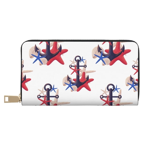 Leather Thin Slim Wallets for Women Men - anchor seashells starfishes Retro Clutch Card Wallet for Women Men with Zipper