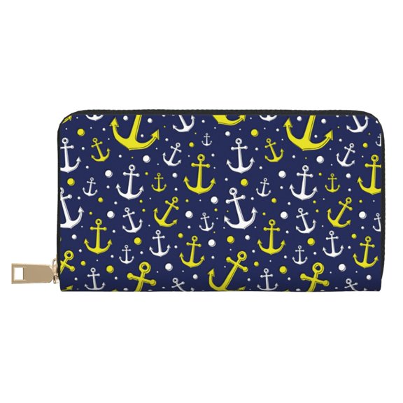 Leather Thin Slim Wallets for Women Men - anchors dot navyblue cute Clutch Card Wallet for Women Men with Zipper