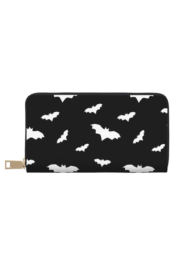 Leather Thin Slim Wallets for Women Men - bat cool black Halloween Clutch Card Wallet for Women Men with Zipper