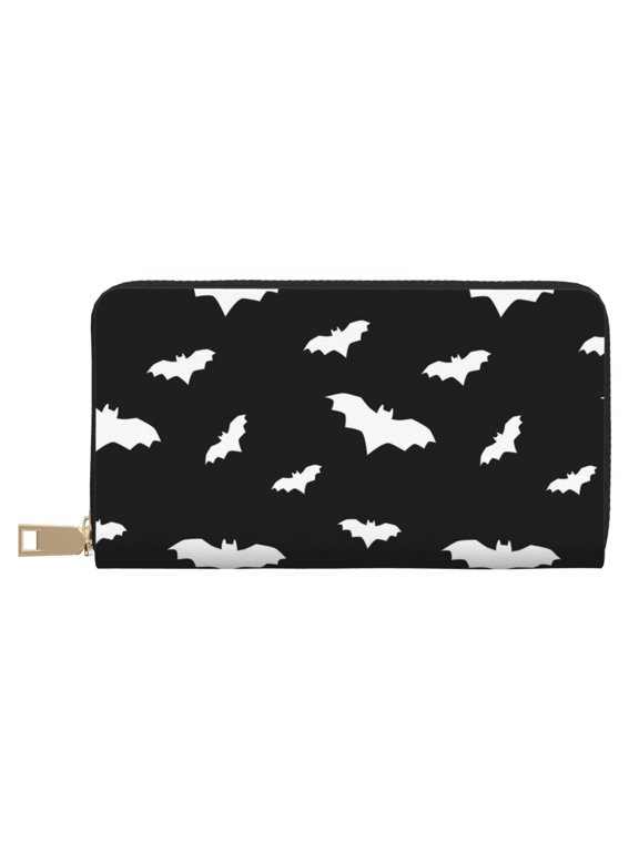 Leather Thin Slim Wallets for Women Men - bat cool black Halloween Clutch Card Wallet for Women Men with Zipper