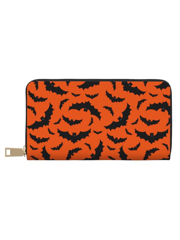 Leather Thin Slim Wallets for Women Men - bat halloween Clutch Card Wallet for Women Men with Zipper