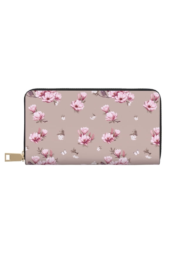 Leather Thin Slim Wallets for Women Men - bird butterfly berry blossom Clutch Card Wallet for Women Men with Zipper