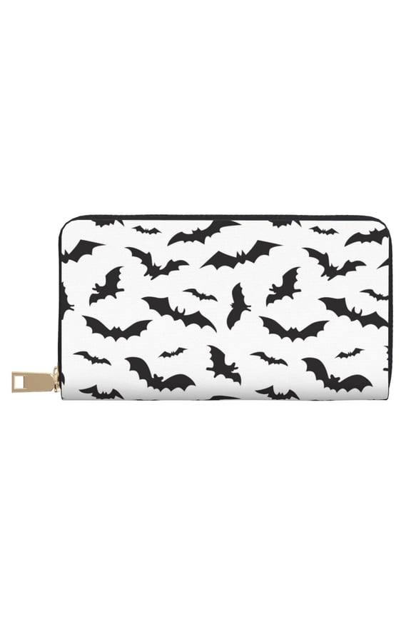 Leather Thin Slim Wallets for Women Men - black bats cool Clutch Card Wallet for Women Men with Zipper