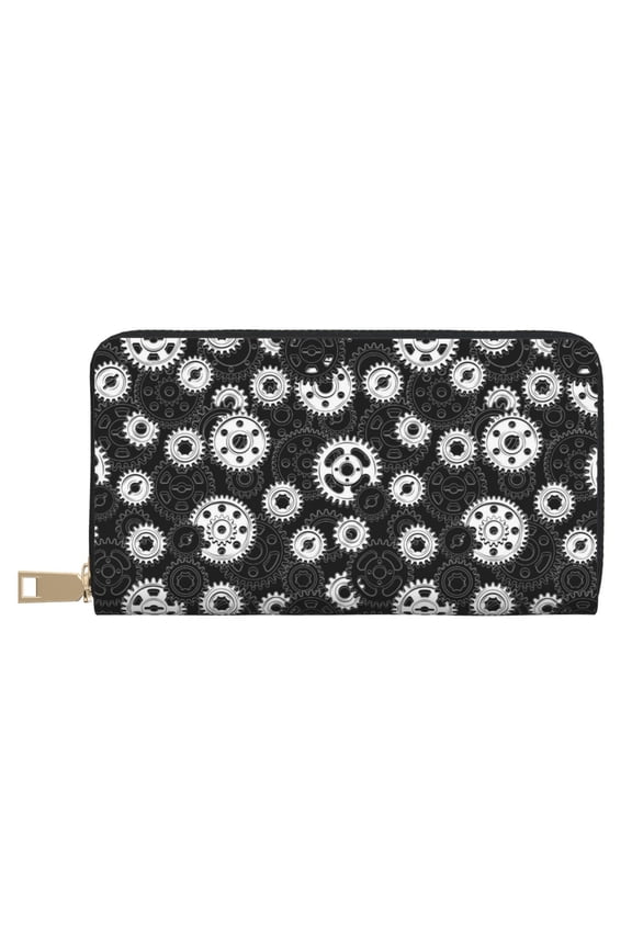 Leather Thin Slim Wallets for Women Men - black gear Pattern white Clutch Card Wallet for Women Men with Zipper