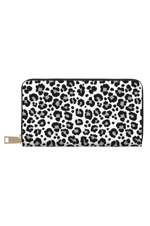 Leather Thin Slim Wallets for Women Men - black grey Leopard print fashion Clutch Card Wallet for Women Men with Zipper